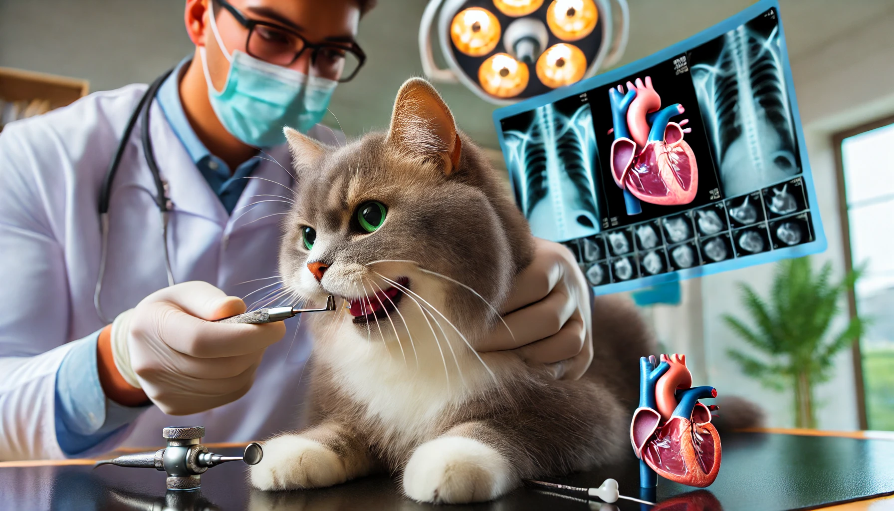 A Tiffanie cat being examined by a vet for dental disease, with an X-ray of a cat's heart visible in the background at a modern clinic.