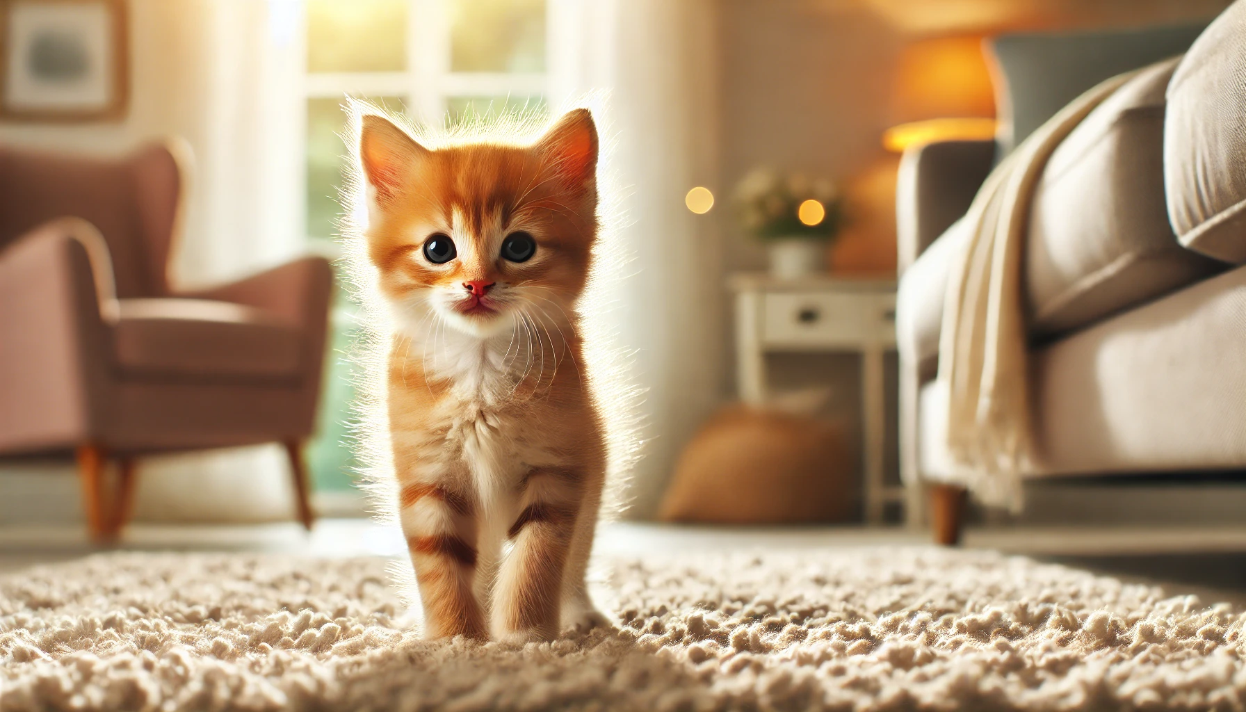 A healthy, energetic kitten standing confidently on a soft rug in a cozy indoor space, looking curious and alert.