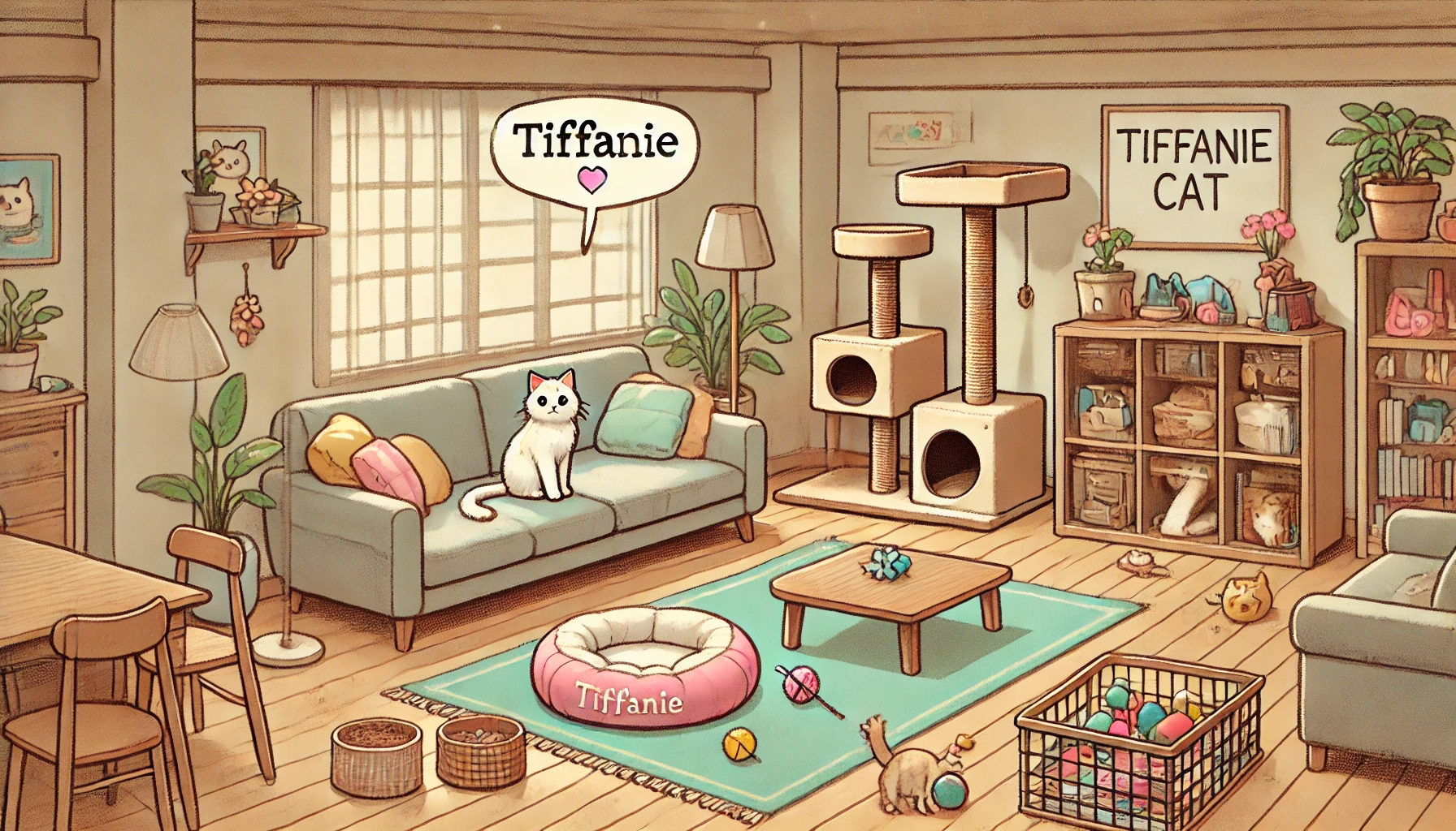 A cozy living room prepared for a Tiffanie cat, featuring a cat bed, scratching post, toys, and climbing tree in a well-lit space.