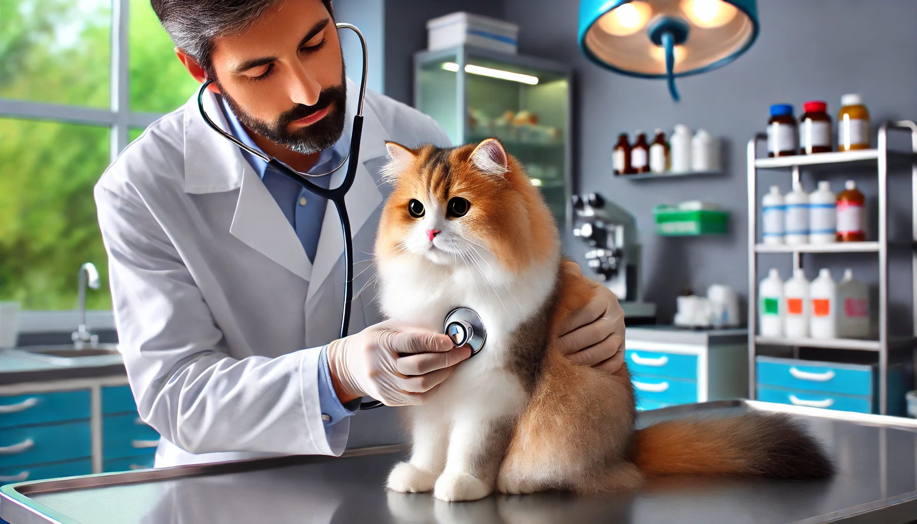 A Tiffanie cat calmly sitting on a vet's examination table while the vet checks its heart with a stethoscope in a clean clinic.