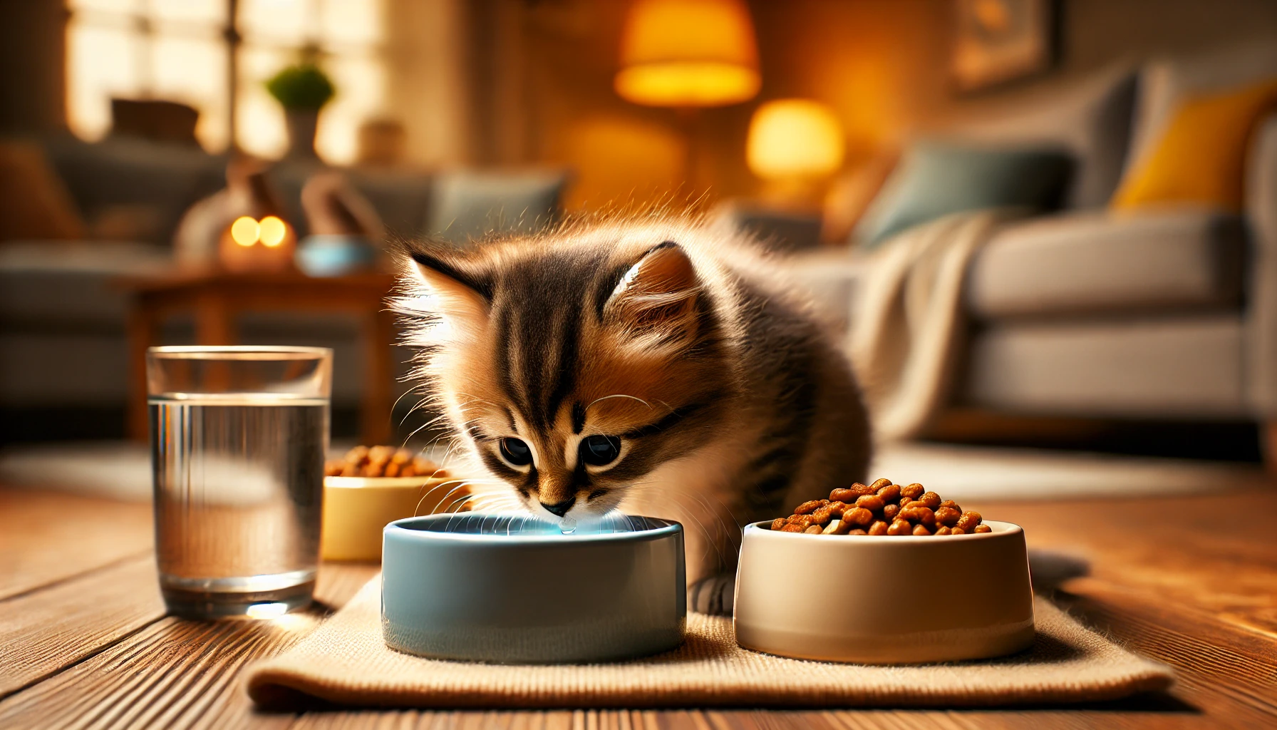 A kitten eating from a bowl of nutritious food and drinking water from a second bowl in a cozy indoor setting.