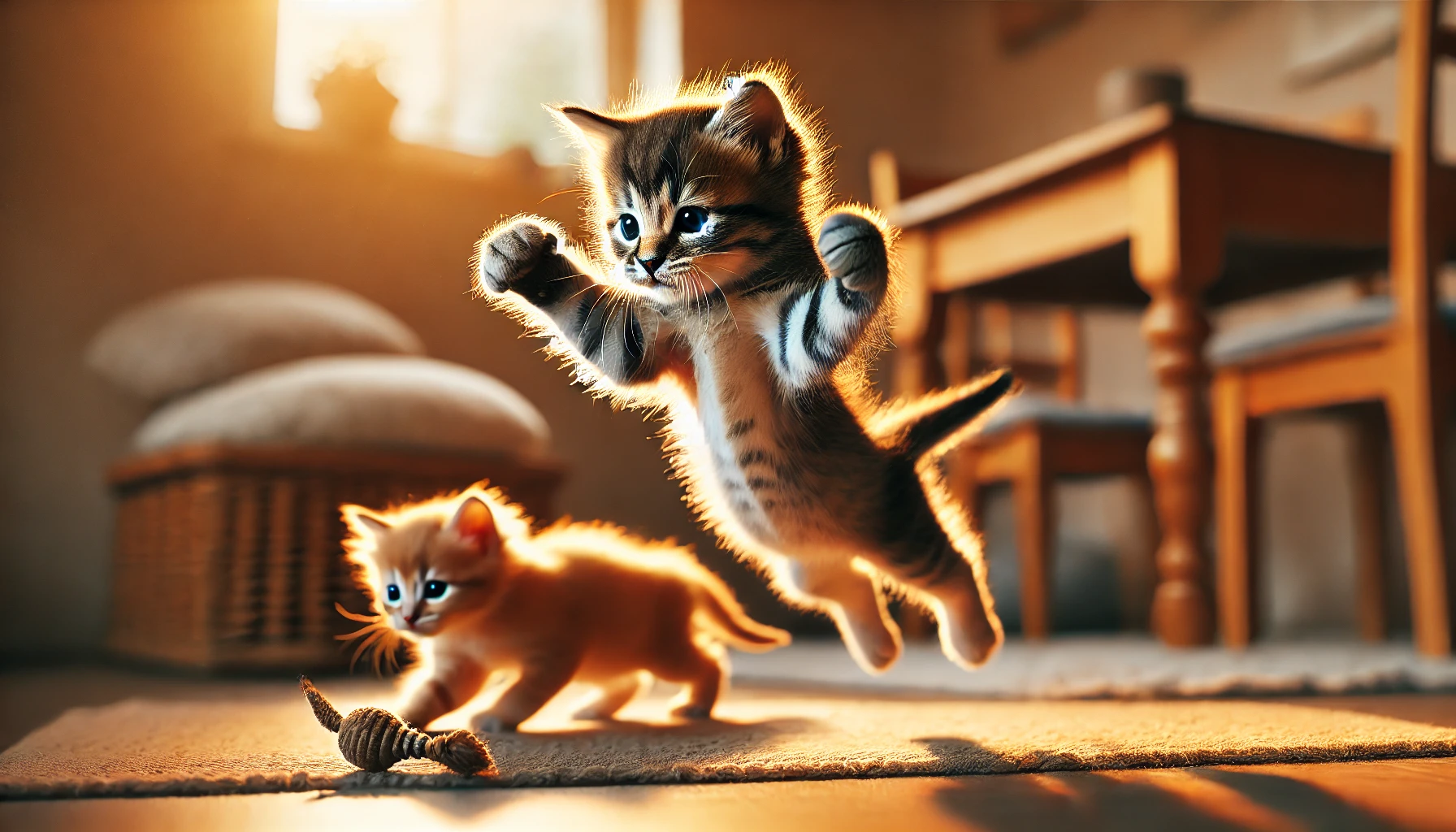 Two kittens playing energetically in a cozy indoor setting, one mid-jump showcasing muscle development and the other chasing a toy, reflecting their physical growth.