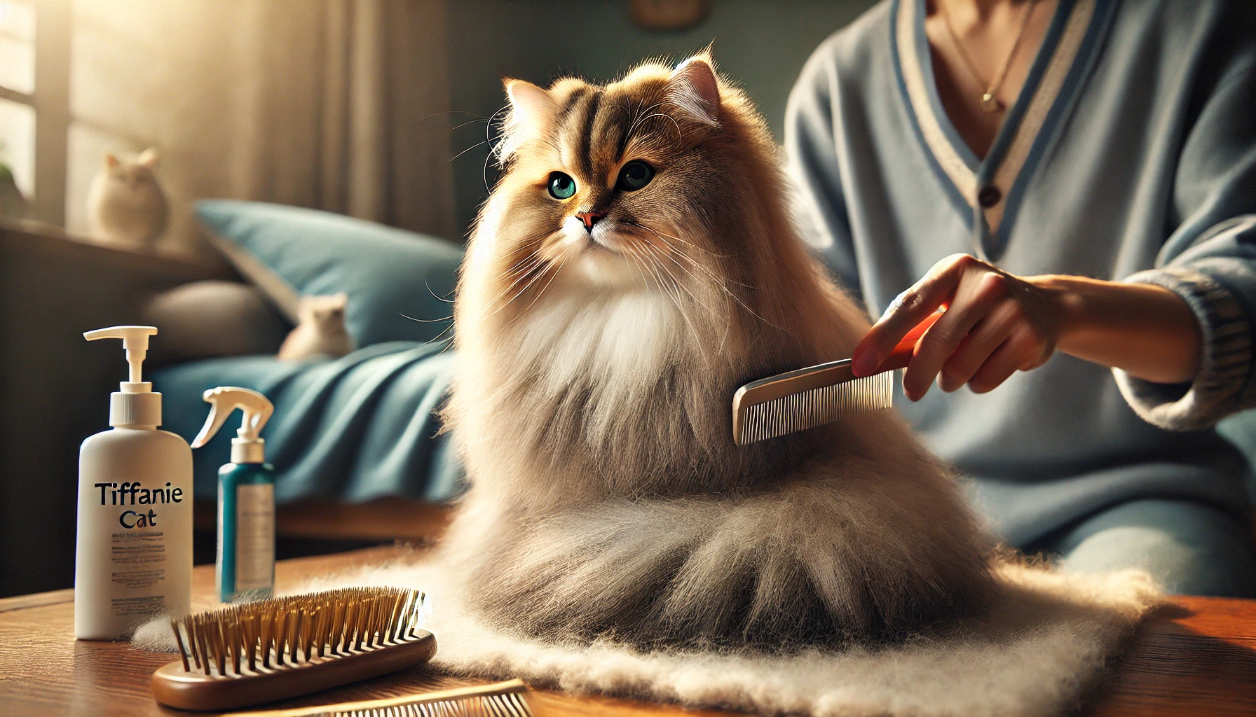 A Tiffanie cat being groomed on a table with a slicker brush, highlighting its semi-long silky lilac fur.