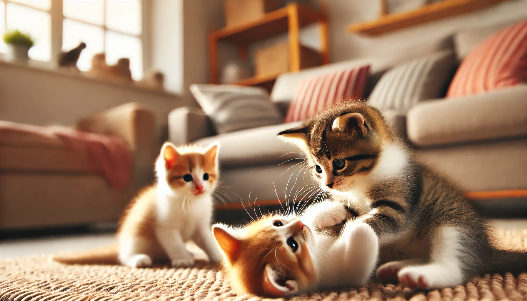 A group of kittens playfully interacting, with one kitten pouncing on another while a third watches curiously in a cozy indoor setting.