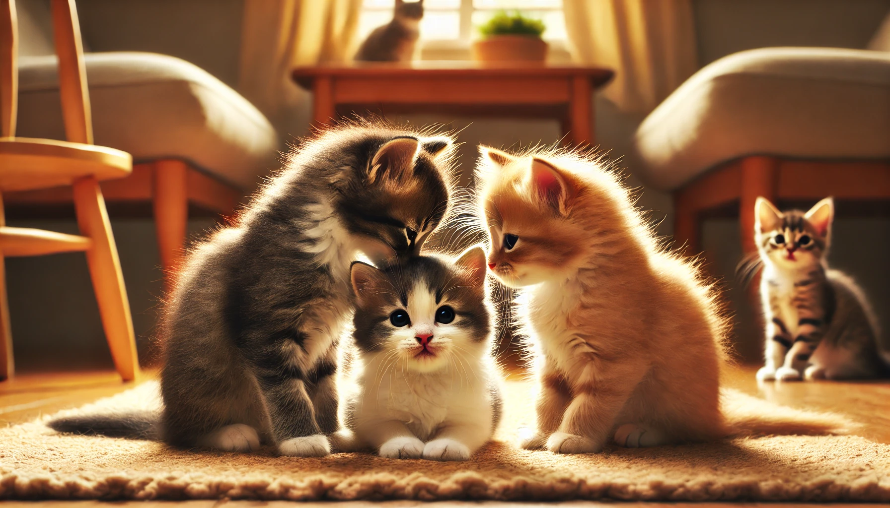 Three kittens interacting in a cozy indoor space, with one nuzzling another and the third watching curiously from a distance.