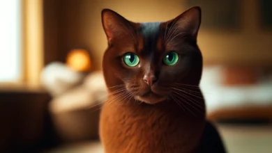 Close-up of a Havana Brown cat with chocolate-brown fur and vivid green eyes, sitting elegantly in a softly lit indoor space.