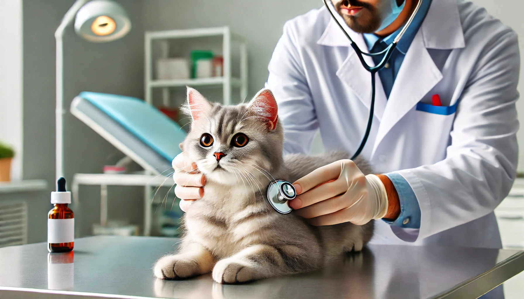 A Tiffanie cat calmly sitting on a veterinary examination table while a vet checks its heartbeat with a stethoscope in a clean, well-lit clinic.