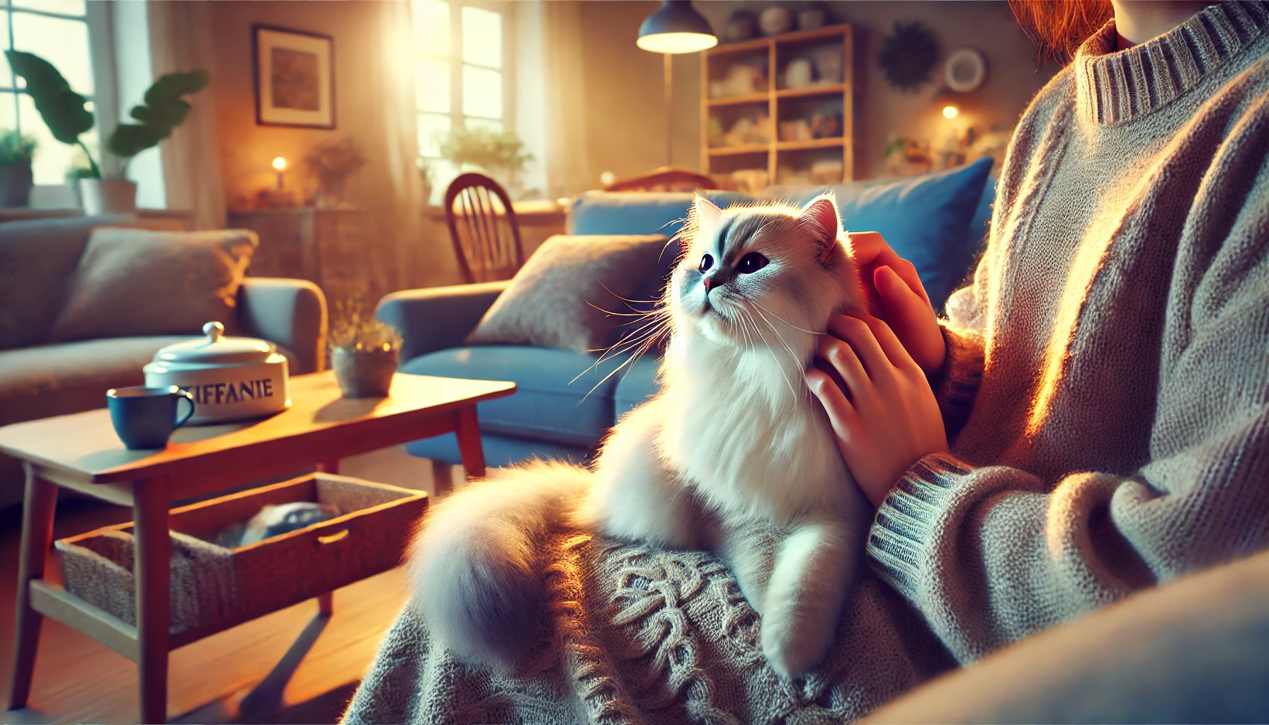 A Tiffanie cat sitting comfortably in a cozy living room, interacting with a person, displaying a calm and affectionate temperament.