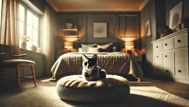 A calm domestic cat sitting on a cozy bed in a softly lit room, creating a peaceful and secure environment.