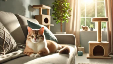 A calm cat resting on a soft surface in a cozy room with natural light, symbolizing comfort and feline wellness.