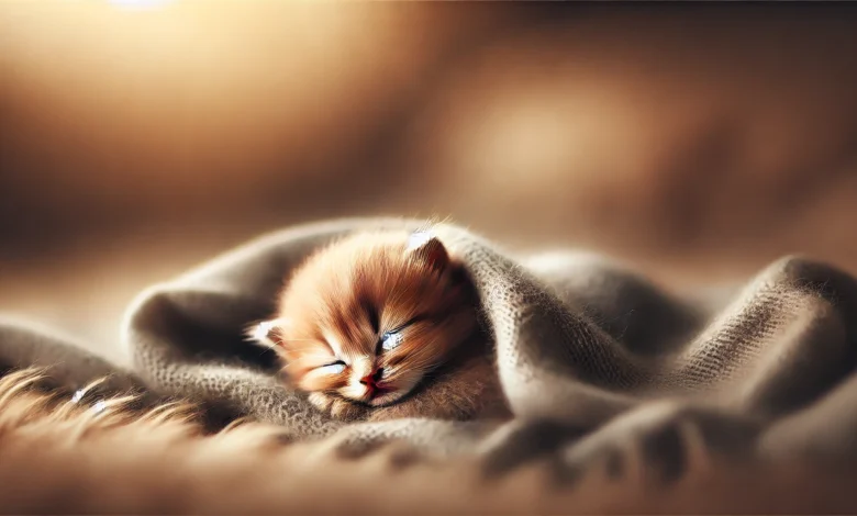 A small fluffy kitten peacefully sleeping in a cozy blanket with its eyes closed, evoking comfort and tranquility.