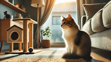 A calm indoor setting with a cat sitting attentively near a window, surrounded by toys and a scratching post.