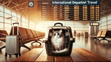 A cat in a carrier at an airport with a departure board in the background.