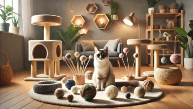 A playful cat in a cozy indoor setting surrounded by safe toys made from natural materials like wool and rubber, with no sharp edges or detachable parts.