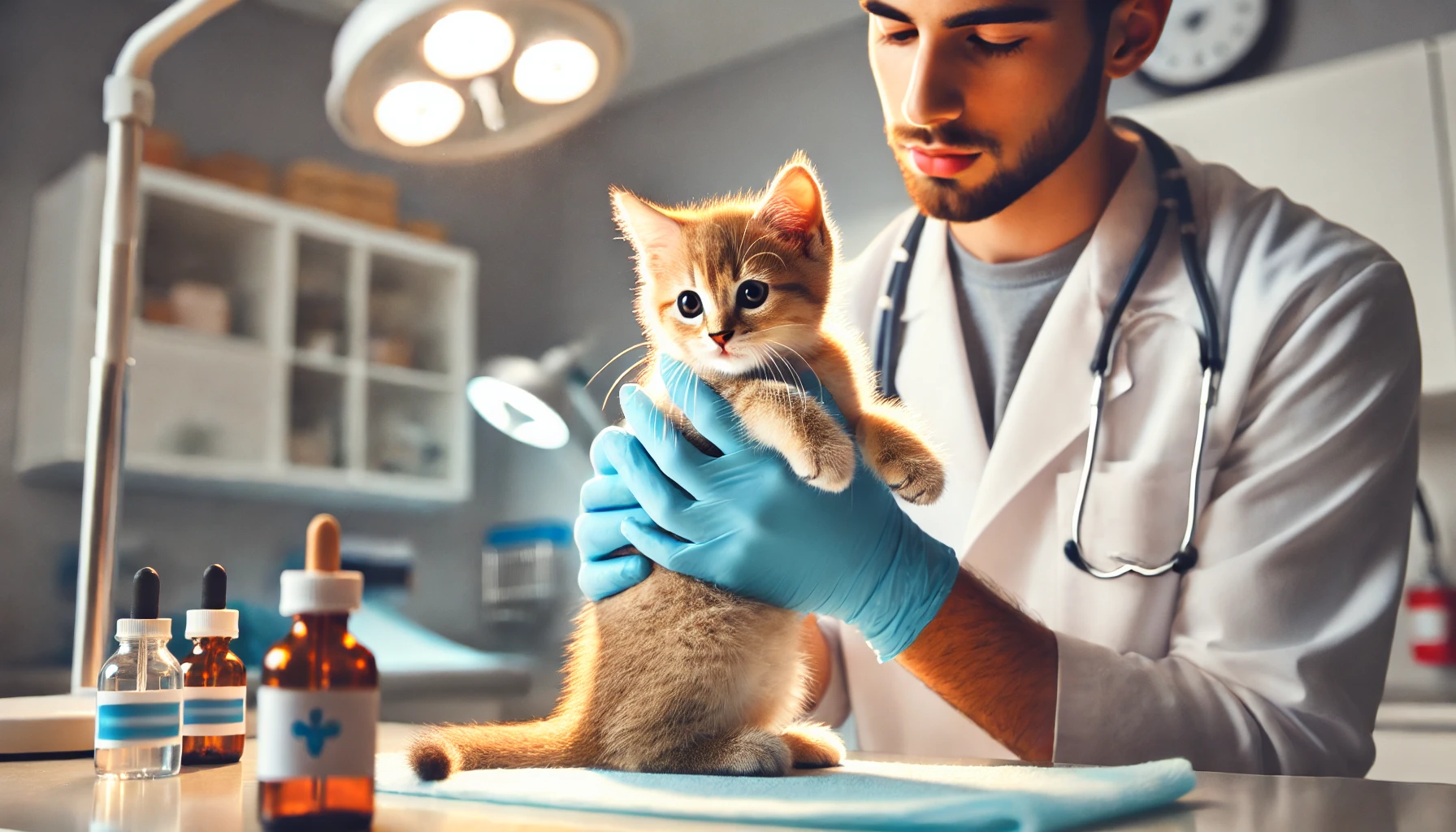 A veterinarian gently examining a calm kitten in a clean and professional clinic setting.