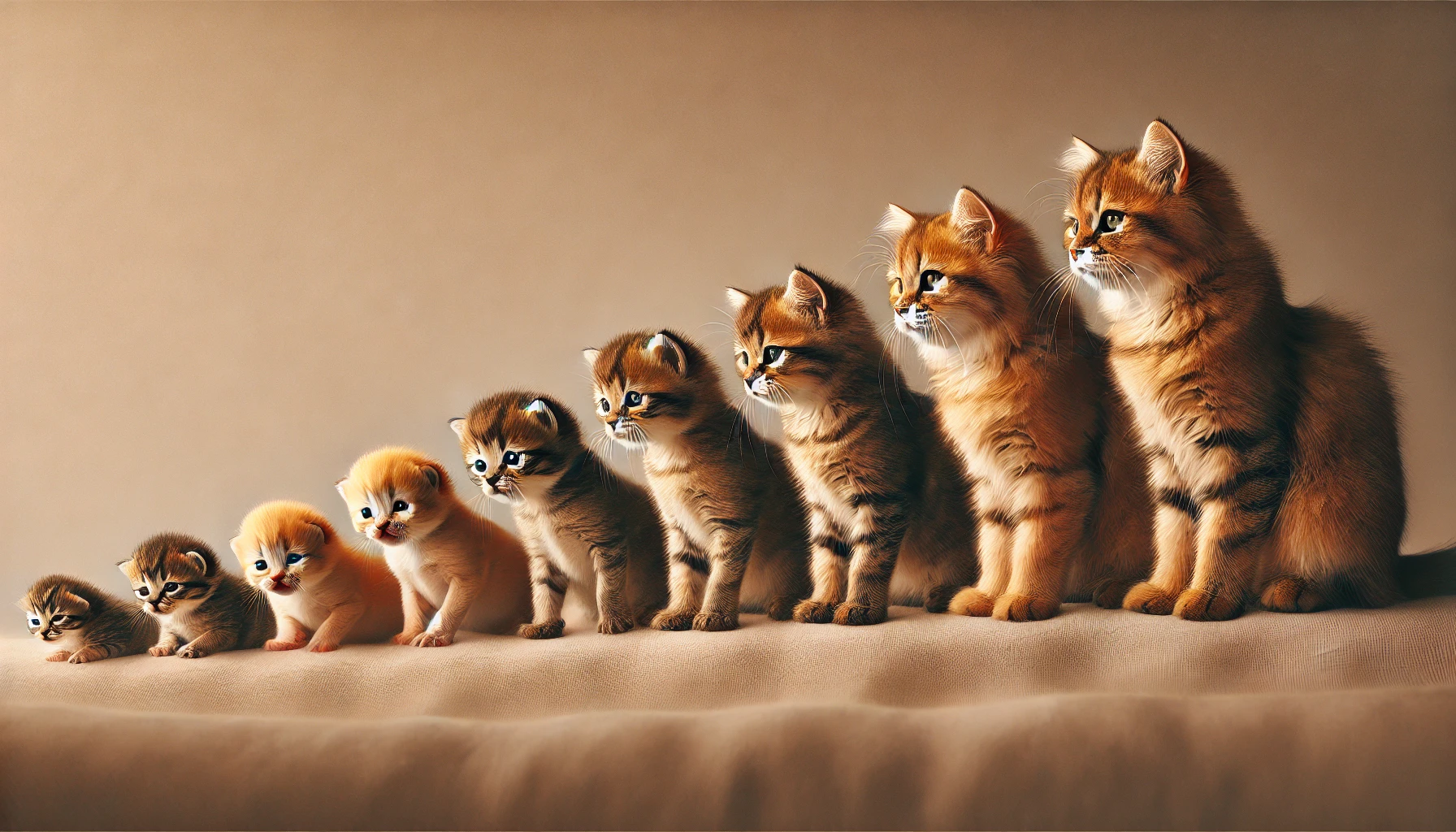 A group of kittens at different stages of growth, from a tiny newborn to a playful young kitten, set on a soft surface showing the gradual progression of development.