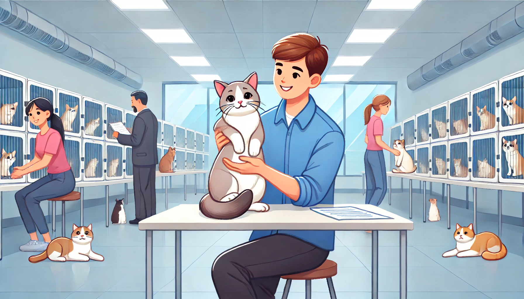 A Tiffanie cat being gently held by a potential owner in a clean, professional breeder or rescue organization setting with other cats in the background.
