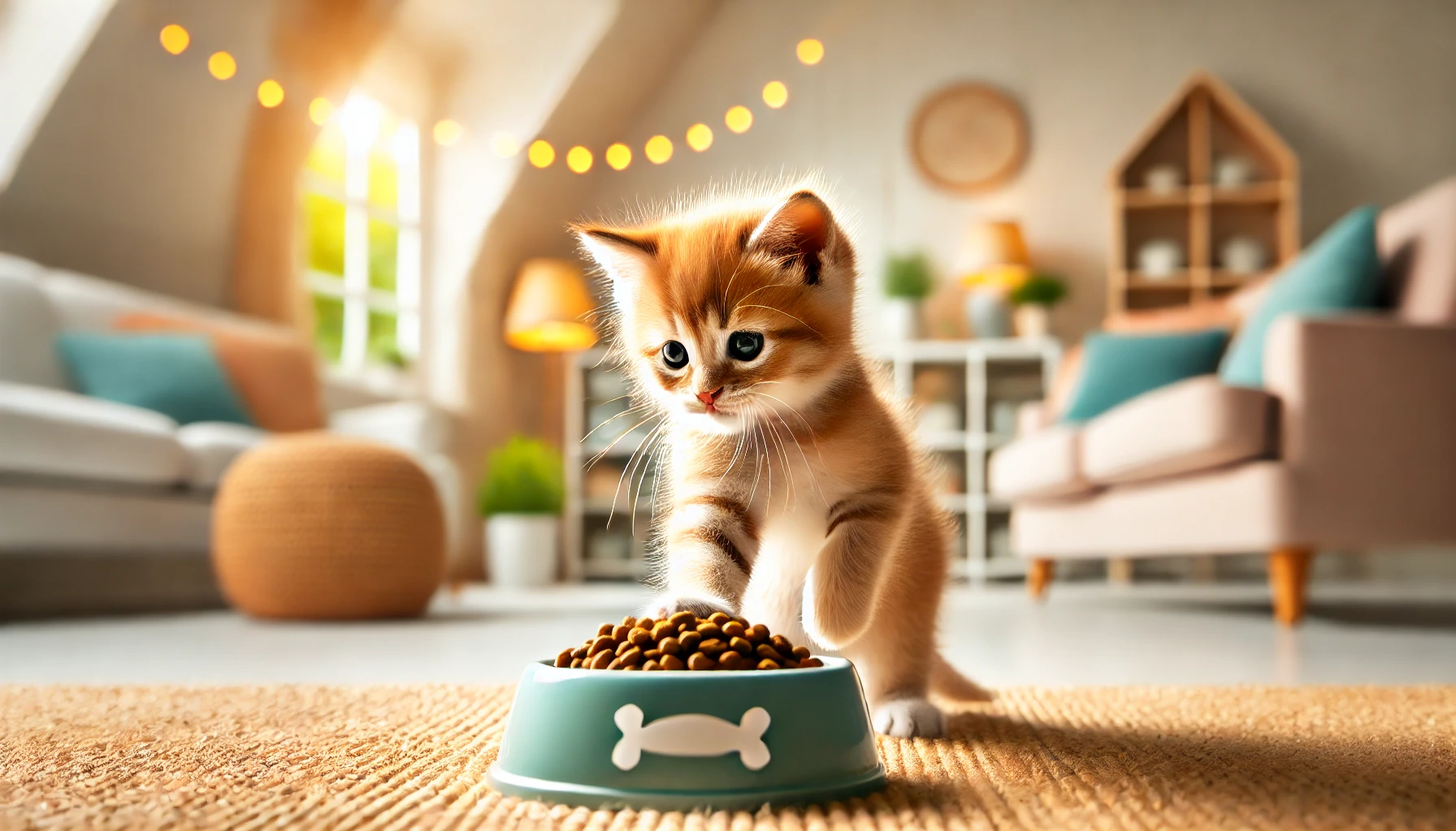 A playful kitten interacting with a bowl of nutritious food in a bright, cozy indoor setting, highlighting the role of nutrition in kitten growth.