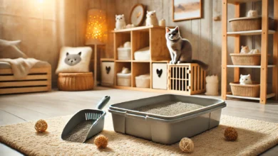A clean and organized cat litter box setup in a cozy home environment with decorative cat toys.