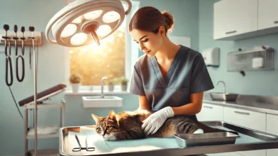Veterinarian spaying or neutering a cat in a bright clinic.