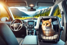 A cat in a travel carrier inside a car, looking content and secure during a road trip.