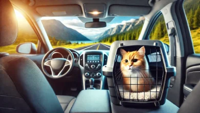 A cat in a travel carrier inside a car, looking content and secure during a road trip.