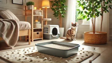 A well-maintained litter box in a cozy room with soft lighting