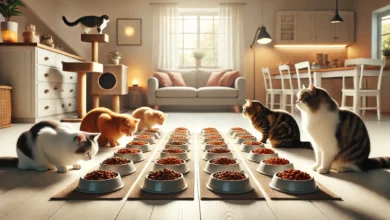 A serene and organized feeding area for multiple cats with separate food bowls.