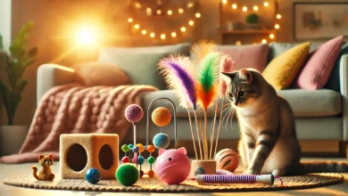 A playful scene with various interactive cat toys and a curious cat in a cozy living room.
