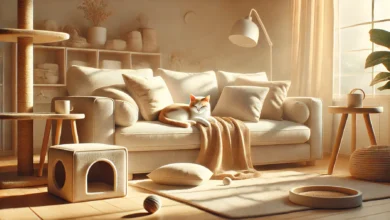 A cozy living room with a cat resting on a sofa, surrounded by pillows and a warm blanket.