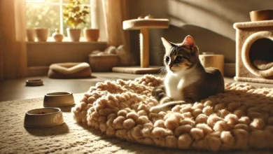 A relaxed cat on a soft blanket with sunlight filtering through a window.