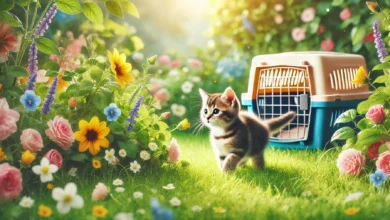 A playful kitten exploring a colorful garden.