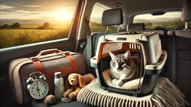 A calm cat inside a travel carrier in a car, surrounded by travel supplies and a scenic view outside.