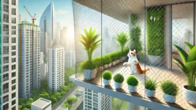 A playful cat on a balcony with protective netting and city skyline in the background.