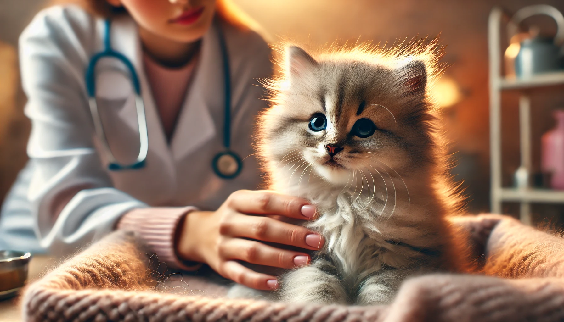 A caring scene of a fluffy kitten appearing restless in a cozy bed, with a compassionate figure nearby.