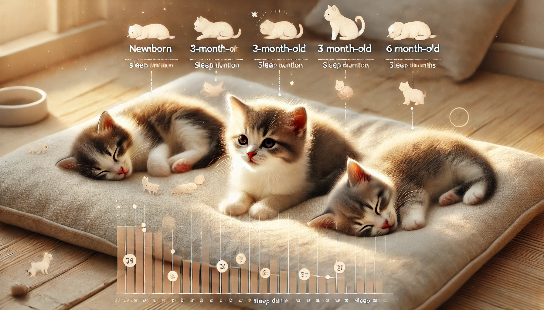 A scene depicting three kittens of different ages: a newborn, a 3-month-old, and a 6-month-old, showcasing their sleep durations.