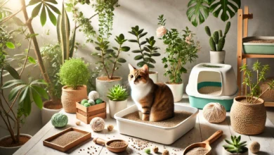 A serene scene showcasing biodegradable cat litter in a natural setting.