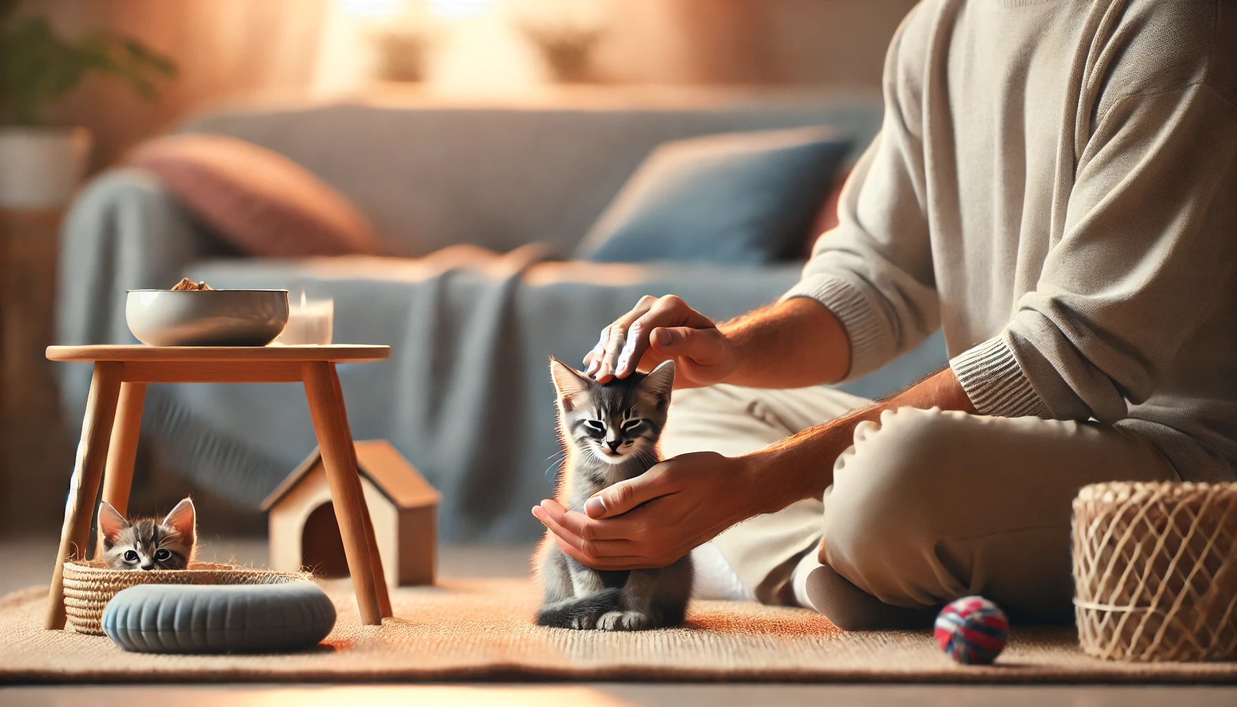 A calm kitten being handled gently by a caring person in a serene environment.