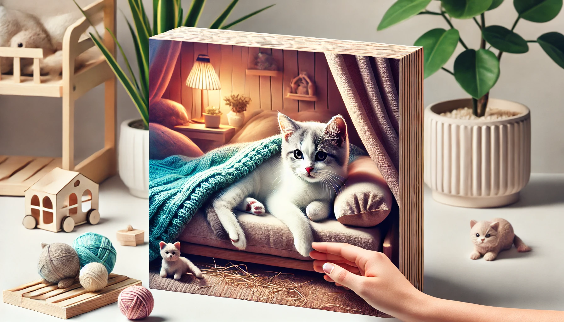 A calm kitten resting in a cozy nook while being gently petted.