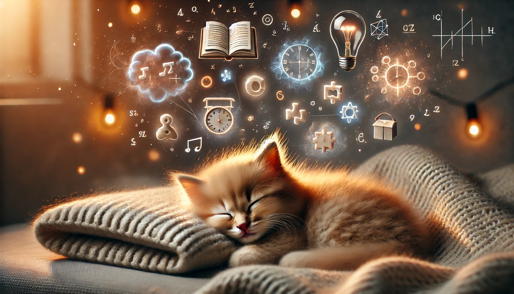 An imaginative scene of a fluffy kitten sleeping, surrounded by whimsical icons representing learning and cognitive growth.