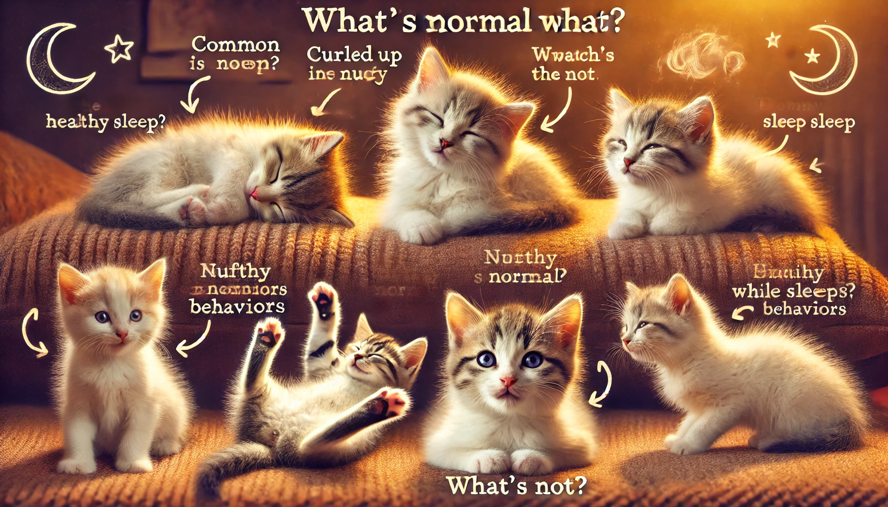 A scene depicting kittens in various adorable sleeping positions, showcasing normal sleep behaviors.