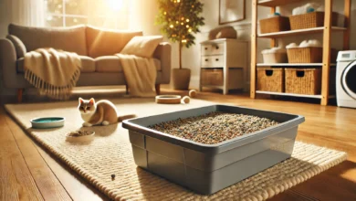 A cozy home setting featuring a tidy cat litter box with fresh cat litter, surrounded by cat toys and warm lighting.