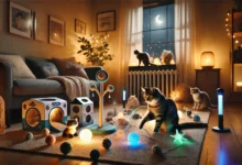 Playful cats engaging with various nocturnal toys in a cozy nighttime setting.