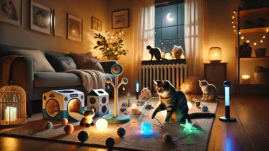Playful cats engaging with various nocturnal toys in a cozy nighttime setting.