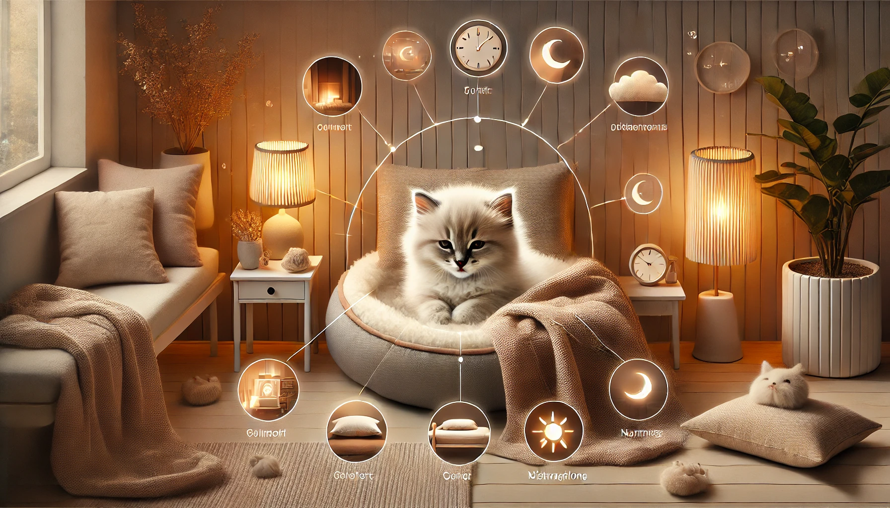 A cozy scene depicting a fluffy kitten nestled in a soft bed surrounded by calming elements.