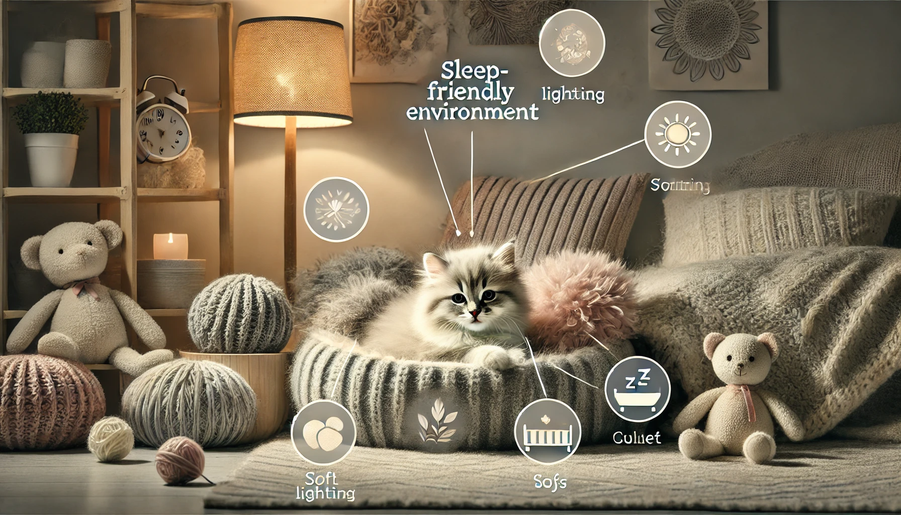A cozy scene of a fluffy kitten nestled in a soft bed with warm blankets and calming elements around.