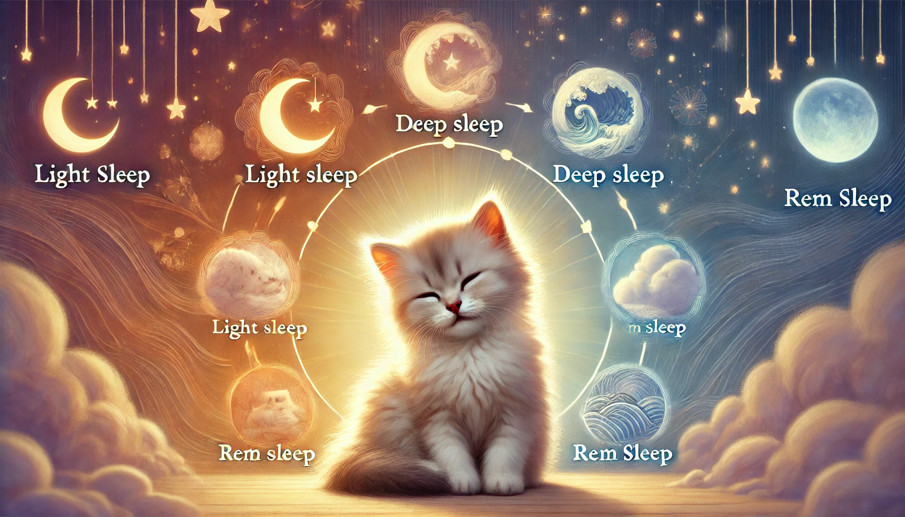 A scene depicting a fluffy kitten sleeping peacefully, surrounded by visual indicators of different sleep stages.