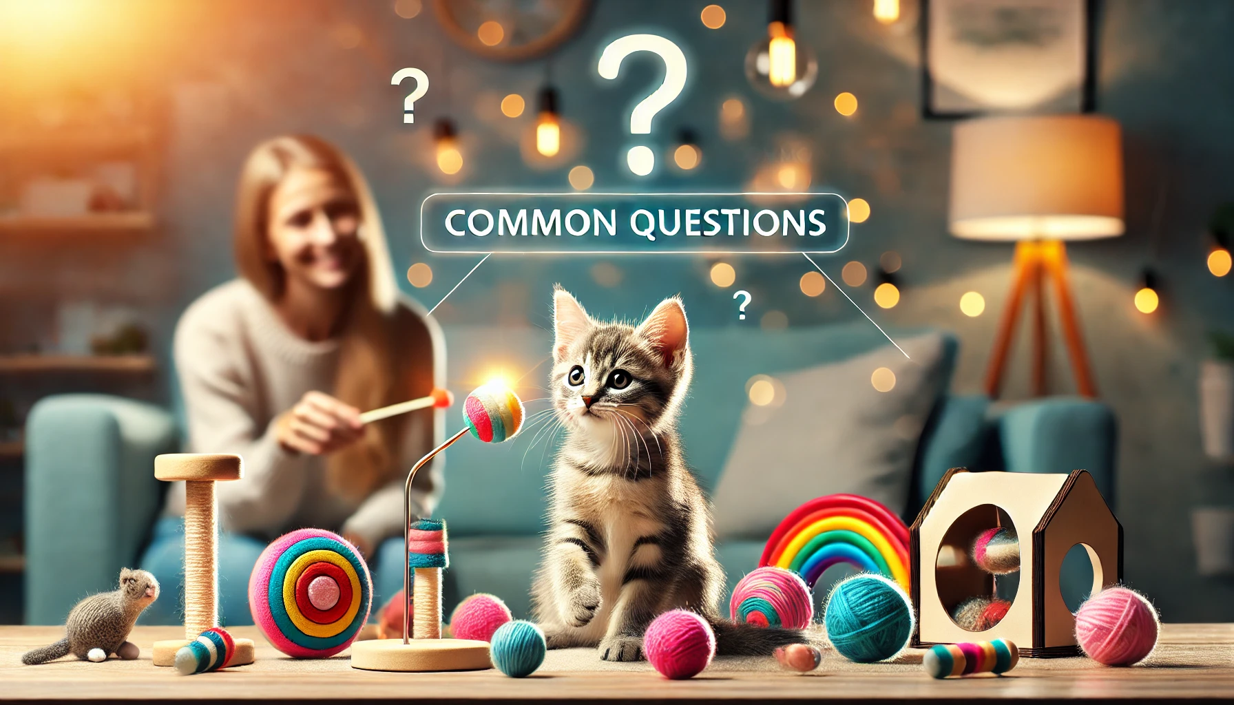 A curious kitten exploring various interactive toys in a cozy home.