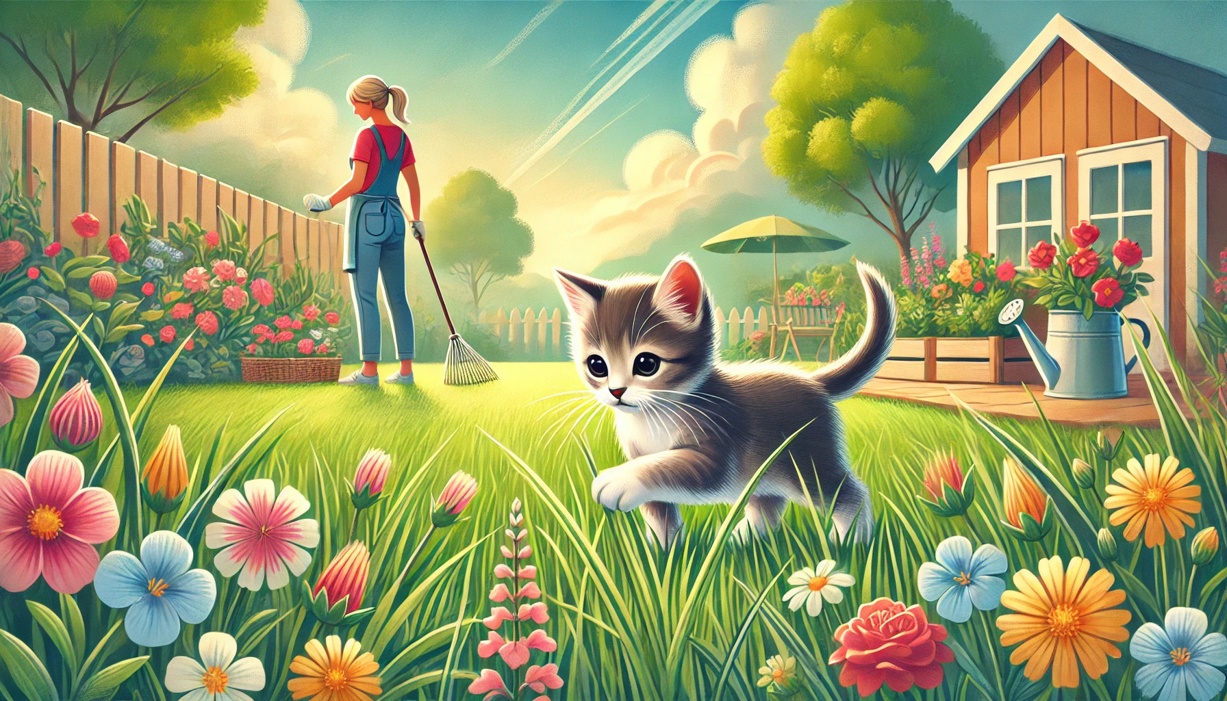 A curious kitten exploring a backyard garden with flowers.