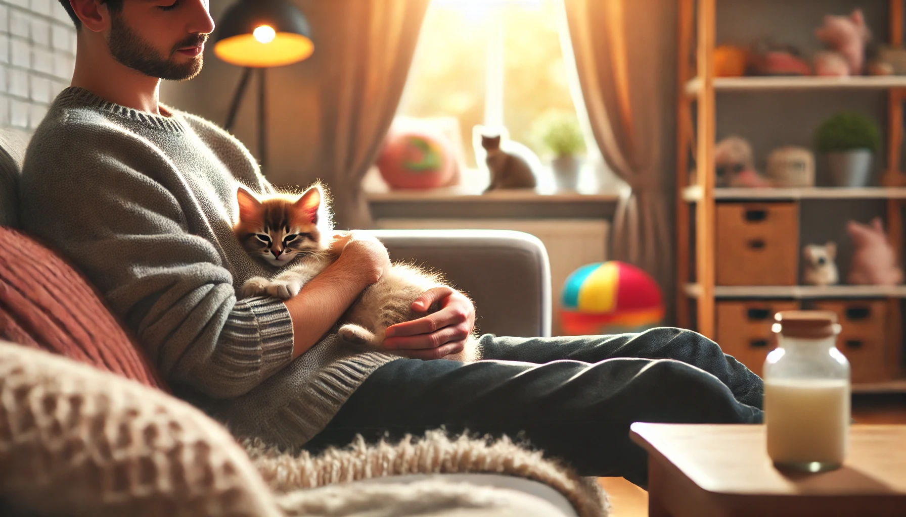 A person sitting on a sofa with a kitten curled up in their lap.